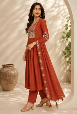 Orange color roman silk fabric thread embroidery work stylish readymade suit 4