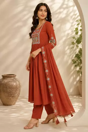 Orange color roman silk fabric thread embroidery work stylish readymade suit