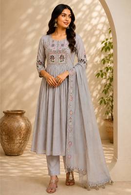Cream color roman silk fabric thread embroidery work stylish readymade suit 1