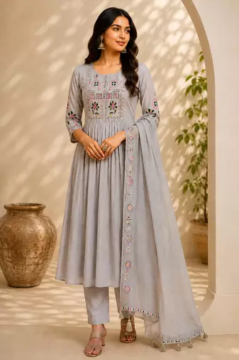 Cream color roman silk fabric thread embroidery work stylish readymade suit