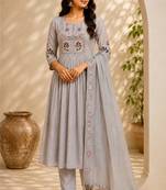 Cream color roman silk fabric thread embroidery work stylish readymade suit