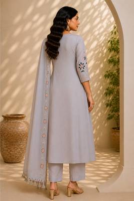 Cream color roman silk fabric thread embroidery work stylish readymade suit 2