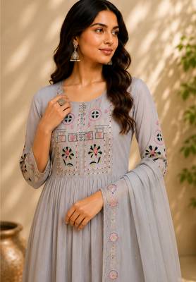 Cream color roman silk fabric thread embroidery work stylish readymade suit 3
