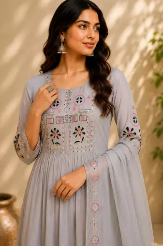 Cream color roman silk fabric thread embroidery work stylish readymade suit