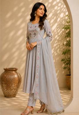 Cream color roman silk fabric thread embroidery work stylish readymade suit 4