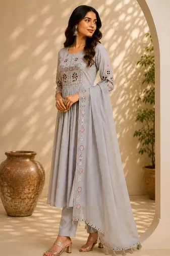 Cream color roman silk fabric thread embroidery work stylish readymade suit