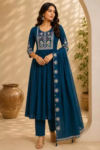 Turquise color roman silk fabric thread embroidery work stylish readymade suit