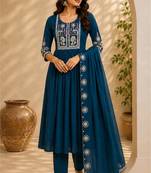 Turquise color roman silk fabric thread embroidery work stylish readymade suit