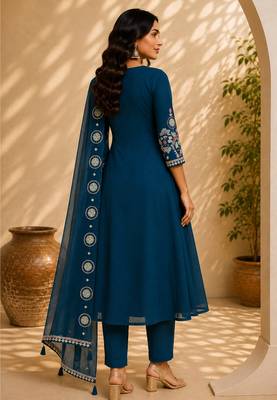 Turquise color roman silk fabric thread embroidery work stylish readymade suit 2