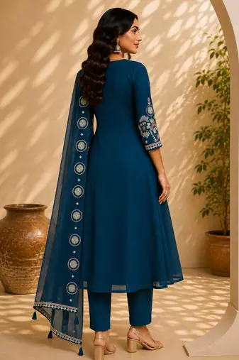 Turquise color roman silk fabric thread embroidery work stylish readymade suit