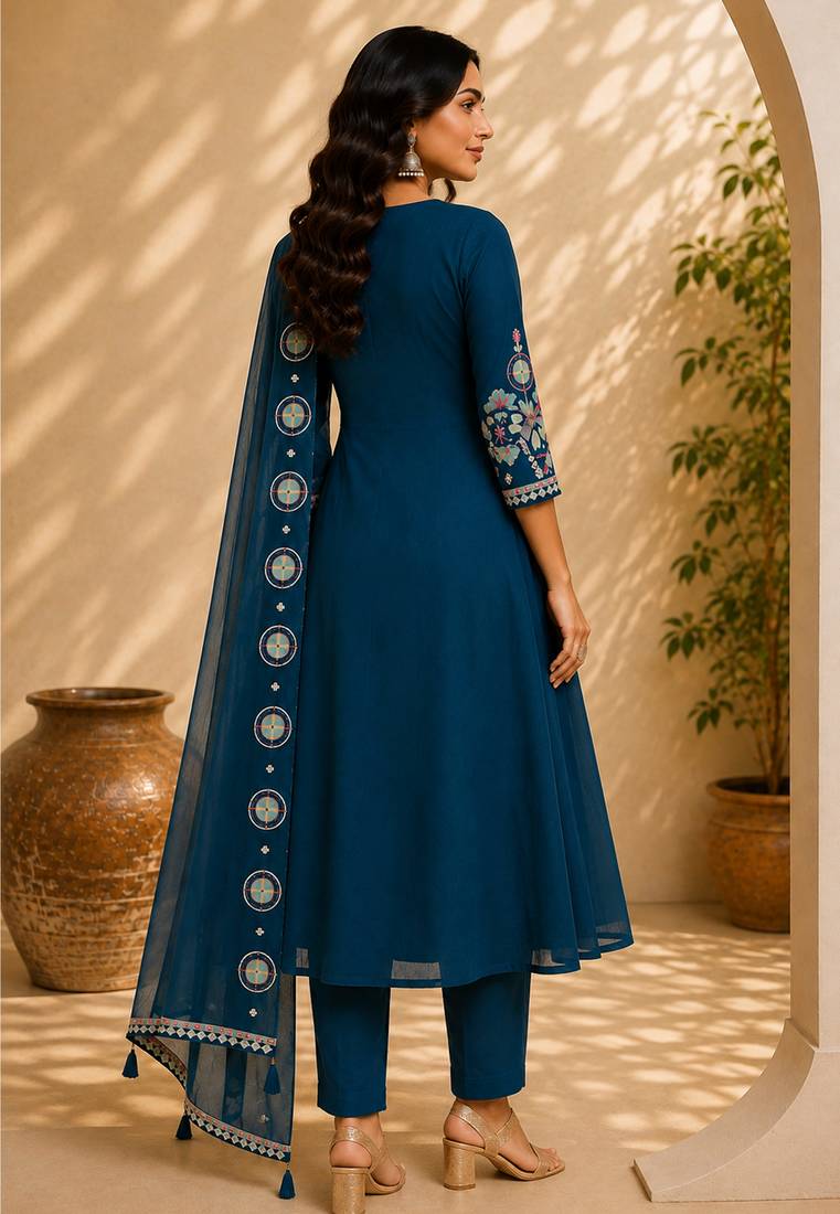Turquise color roman silk fabric thread embroidery work stylish readymade suit