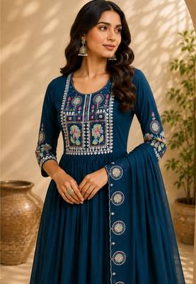 Turquise color roman silk fabric thread embroidery work stylish readymade suit 3