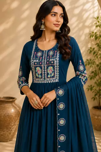 Turquise color roman silk fabric thread embroidery work stylish readymade suit