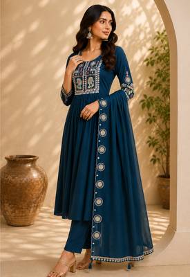 Turquise color roman silk fabric thread embroidery work stylish readymade suit 4