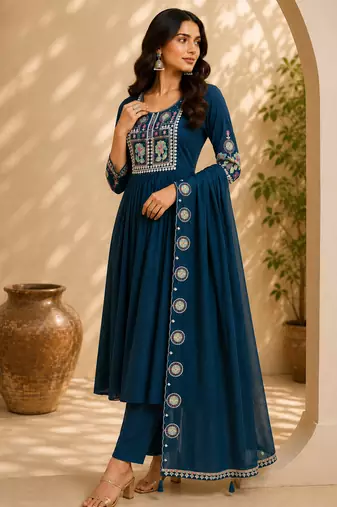 Turquise color roman silk fabric thread embroidery work stylish readymade suit