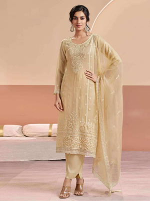 Beige heavy chiffon embroidered suit set 1