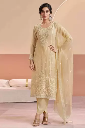 Beige heavy chiffon embroidered suit set