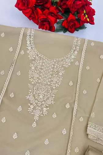 Beige heavy chiffon embroidered suit set
