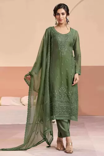 Olive green heavy chiffon embroidered suit set