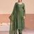 Olive green heavy chiffon embroidered suit set