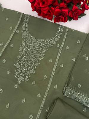 Olive green heavy chiffon embroidered suit set 3