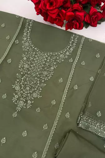 Olive green heavy chiffon embroidered suit set