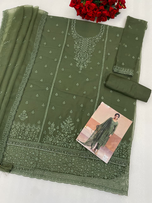 Olive green heavy chiffon embroidered suit set 4