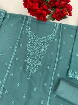 Teal blue heavy chiffon embroidered suit set 3