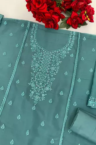 Teal blue heavy chiffon embroidered suit set