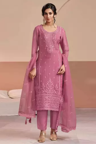 Mauve pink heavy chiffon embroidered suit set