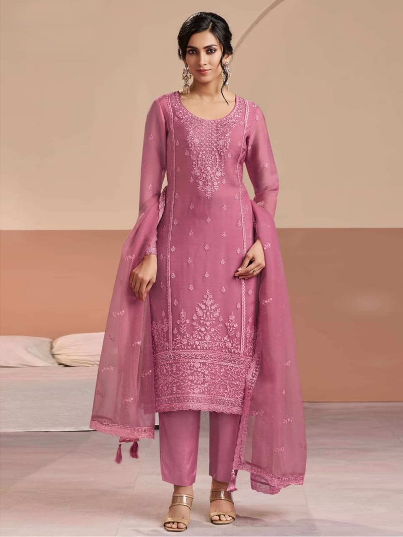 Mauve pink heavy chiffon embroidered suit set