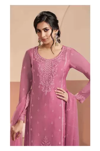 Mauve pink heavy chiffon embroidered suit set