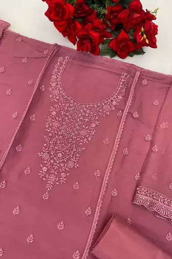 Mauve pink heavy chiffon embroidered suit set