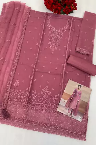 Mauve pink heavy chiffon embroidered suit set