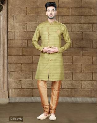 Olive-green indo-western sherwani with an asymmetrical placket—ideal for weddings. 1