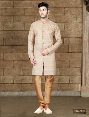 Beige textured sherwani with gold buttons and matching pocket square—perfect for weddings. 1