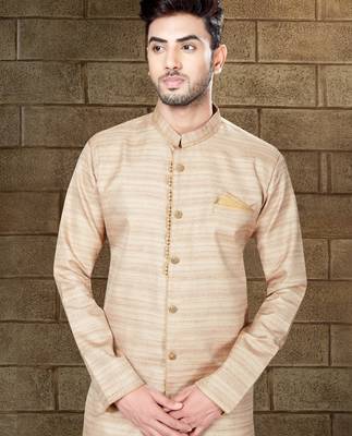 Beige textured sherwani with gold buttons and matching pocket square—perfect for weddings. 2