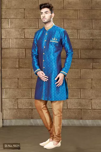 Royal-blue sherwani with gold accents and matching pocket square—ideal for celebrations.