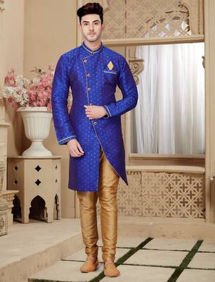 Royal-blue sherwani with gold motifs, asymmetrical front,—perfect for celebrations. 1