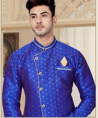 Royal-blue sherwani with gold motifs, asymmetrical front,—perfect for celebrations. 2