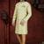 Light pistachio sherwani with gold-trimmed cuffs and collar, ornate buttons,& pocket square.