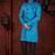 Turquoise sherwani with textured finish, black accents, and black trousers.