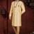 Golden-beige sherwani with stand collar, pearl necklace, and embellished pocket square.