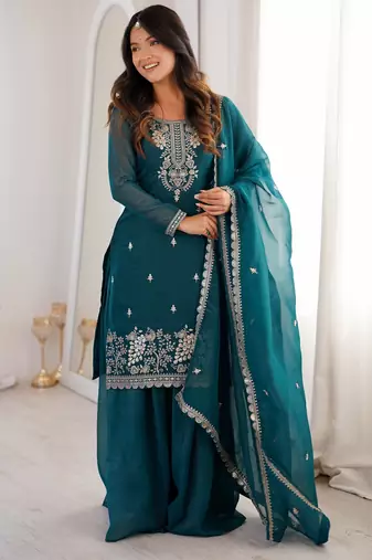 Blue Color Palazzo Suit Set With Dupatta Wedding Wear Sharara Suit Set