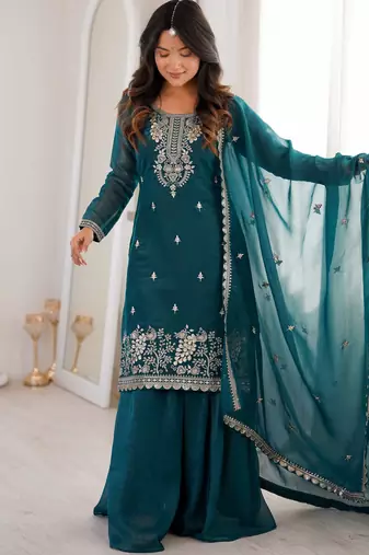 Blue Color Palazzo Suit Set With Dupatta Wedding Wear Sharara Suit Set