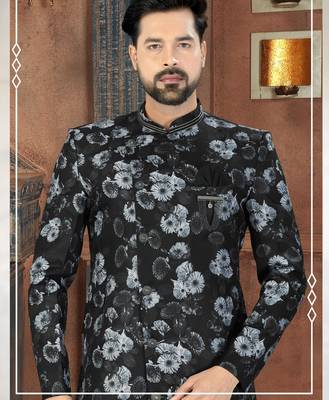 Black floral sherwani with grey blooms, chain pocket detail, and black trousers. 2