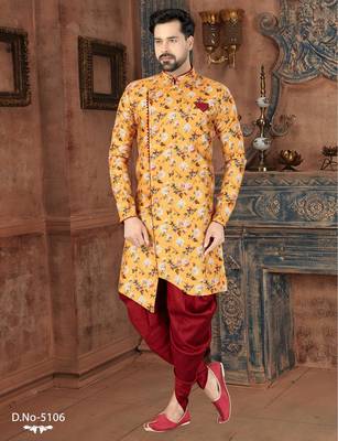 Mustard floral sherwani with burgundy pocket square and matching trousers. 1