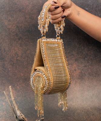 Gold silk embroidered beadfall hand bag 1