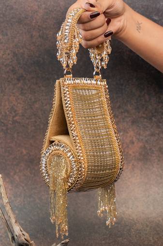 Gold silk embroidered beadfall hand bag