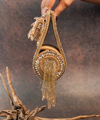 Gold silk embroidered beadfall hand bag 2